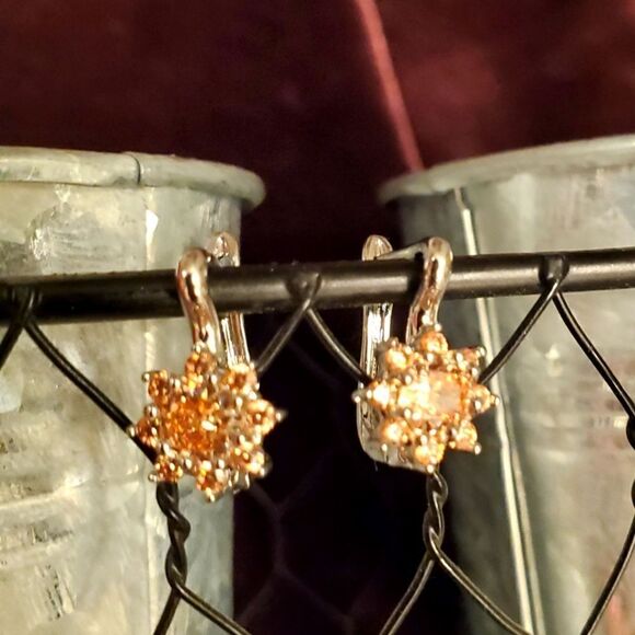 18K Rose Gold on 925 Silver Champagne Diamond Earrings Latch Back Closure - Picture 3 of 4